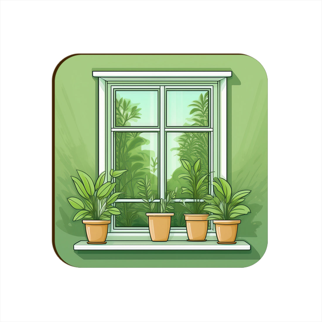 Light Green Window Plants Pots Square Coaster