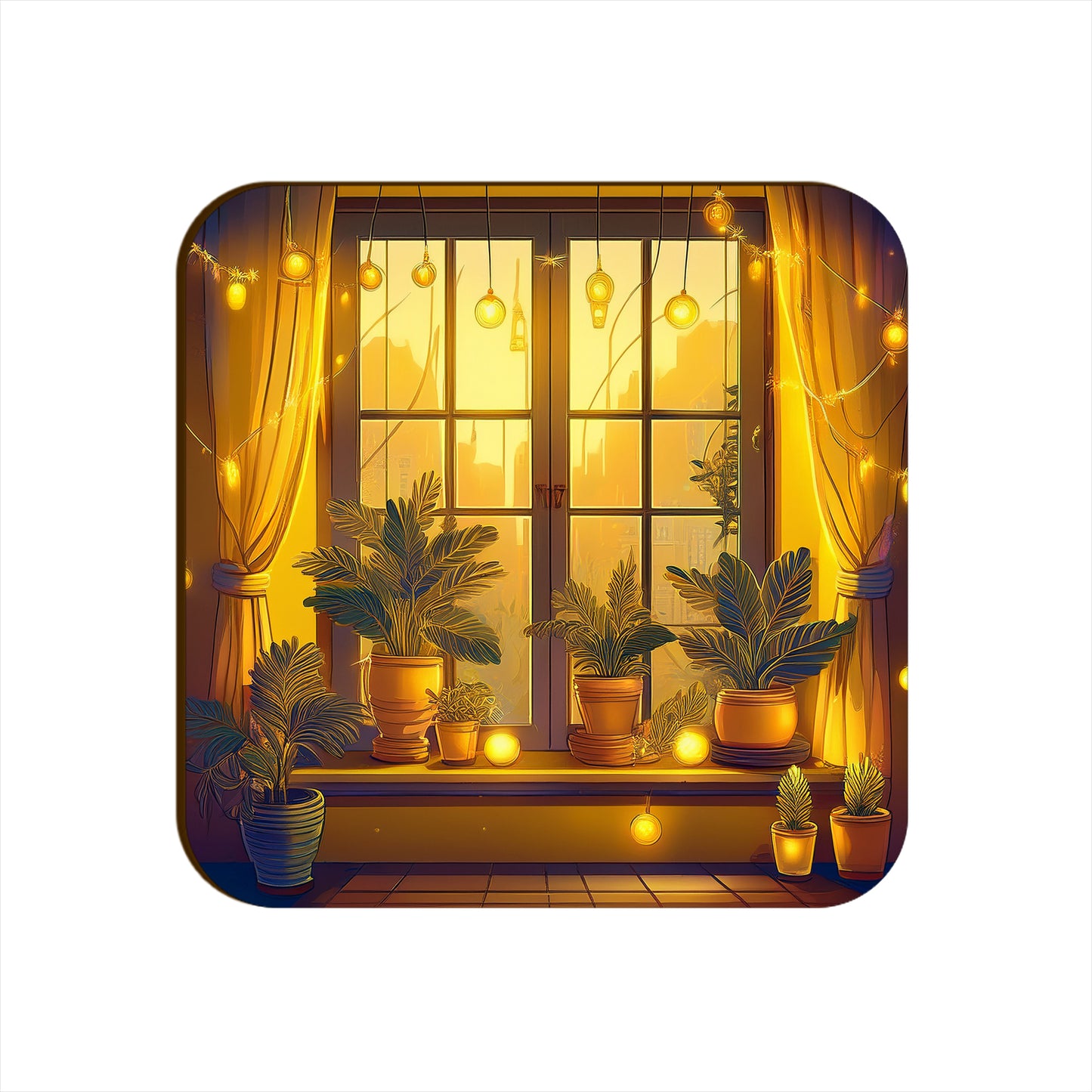 Window Light Strings Plants Pots Square Coaster