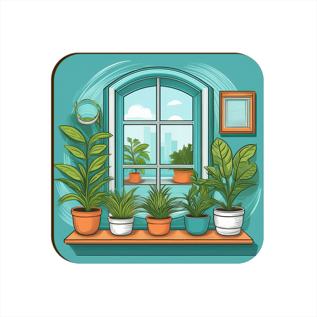 Aqua Window Plants Pots Square Coaster