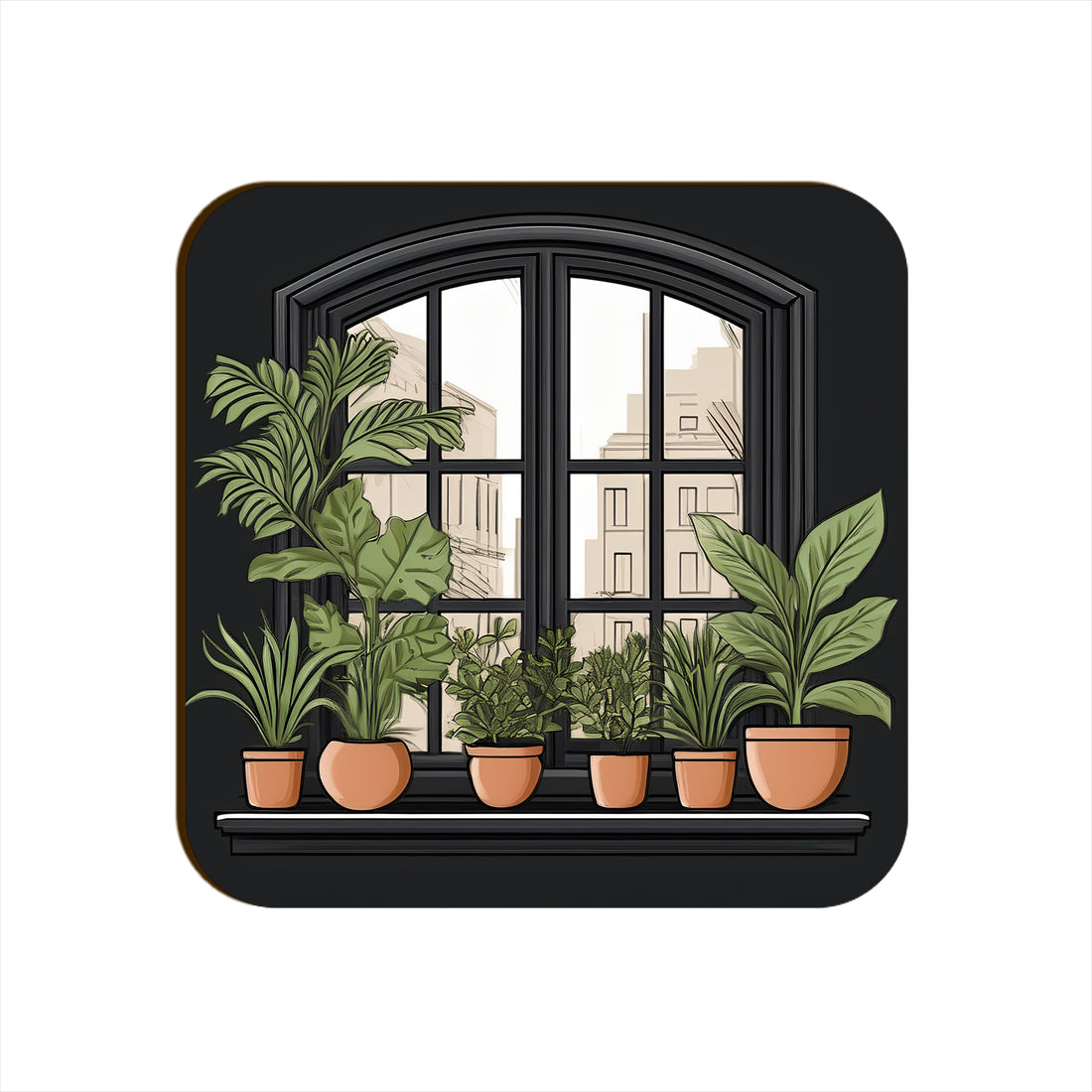 Black Window Plants Pots Square Coaster