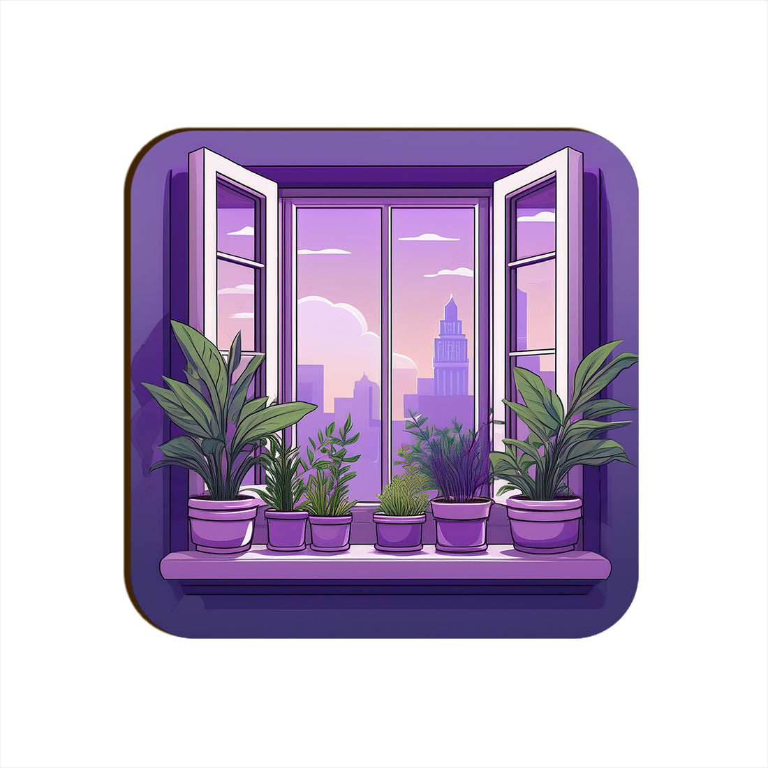 Light Purple Window Plants Pots Square Coaster