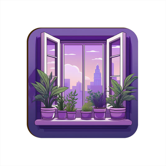 Light Purple Window Plants Pots Square Coaster