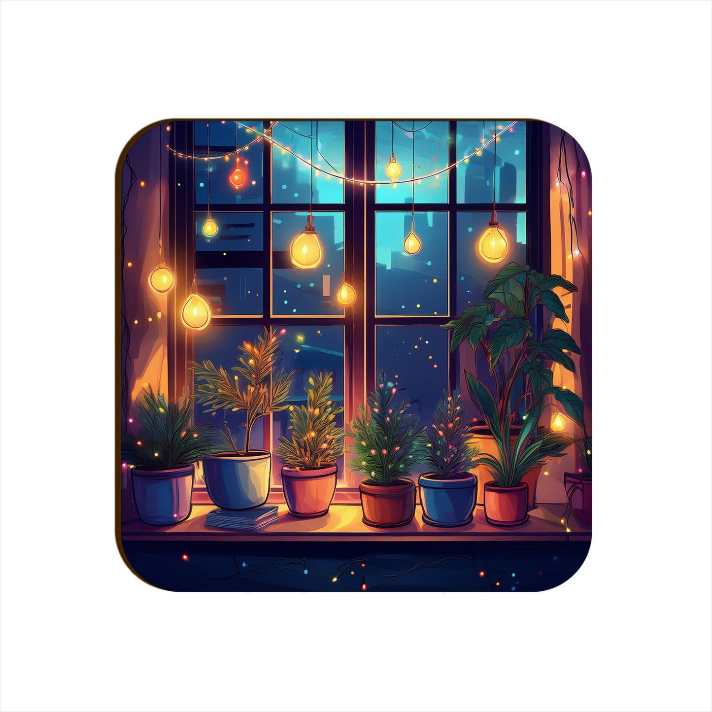 Window Light Strings Plants Pots Square Coaster