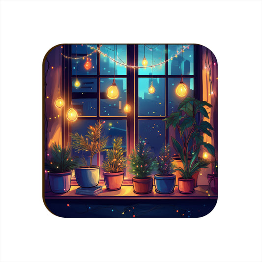 Window Light Strings Plants Pots Square Coaster