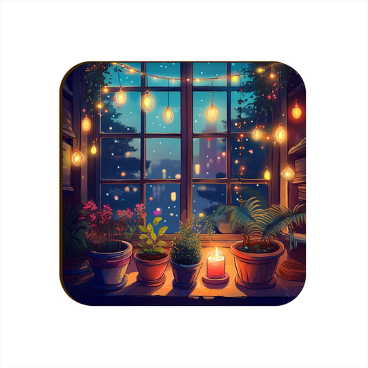 Window Light Strings Plants Pots Square Coaster