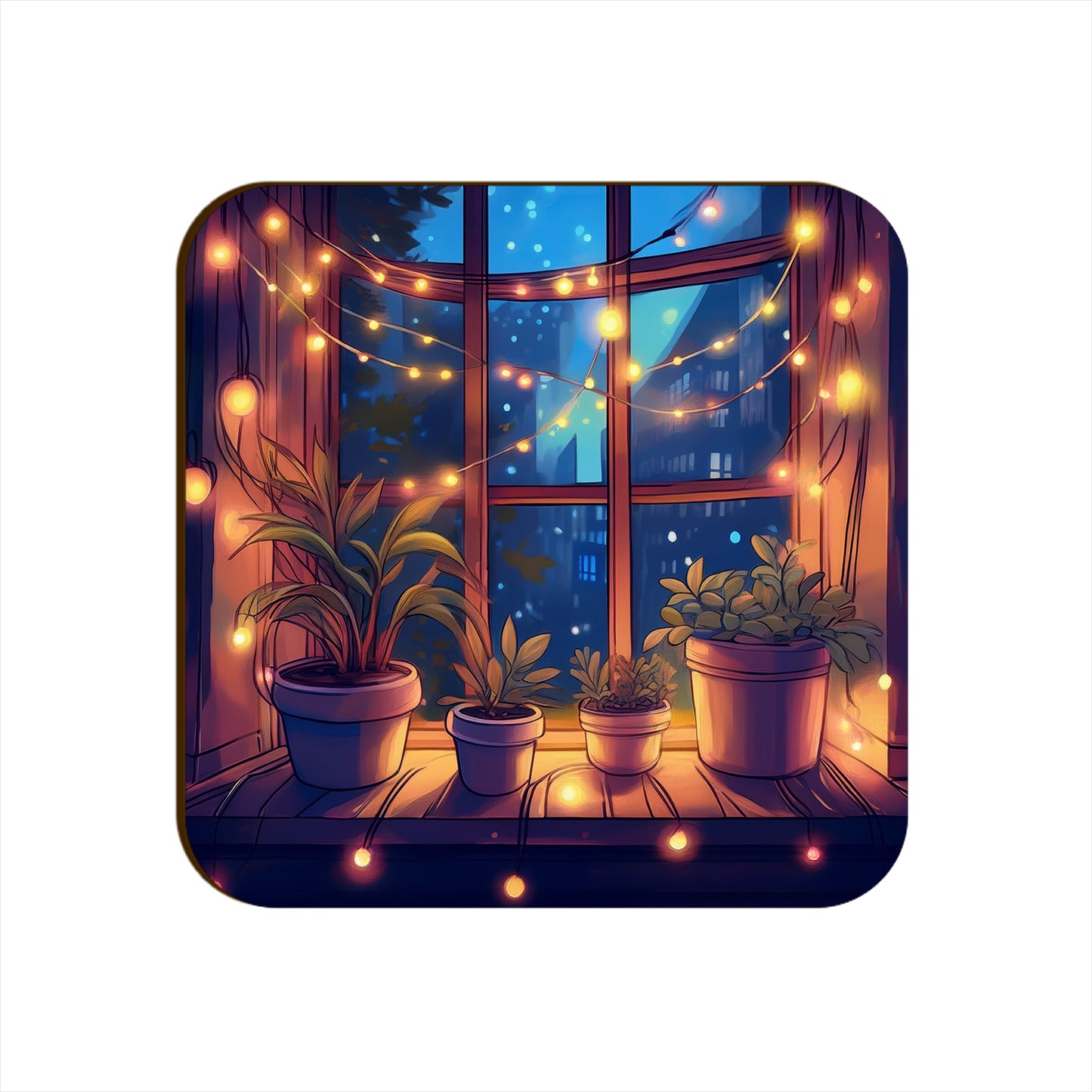 Window Light Strings Plants Pots Square Coaster