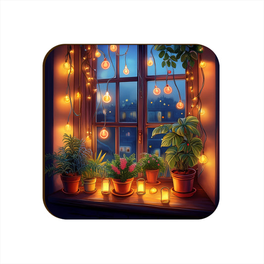 Window Light Strings Plants Pots Square Coaster