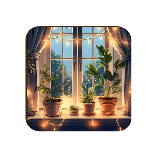 Window Light Strings Plants Pots Square Coaster