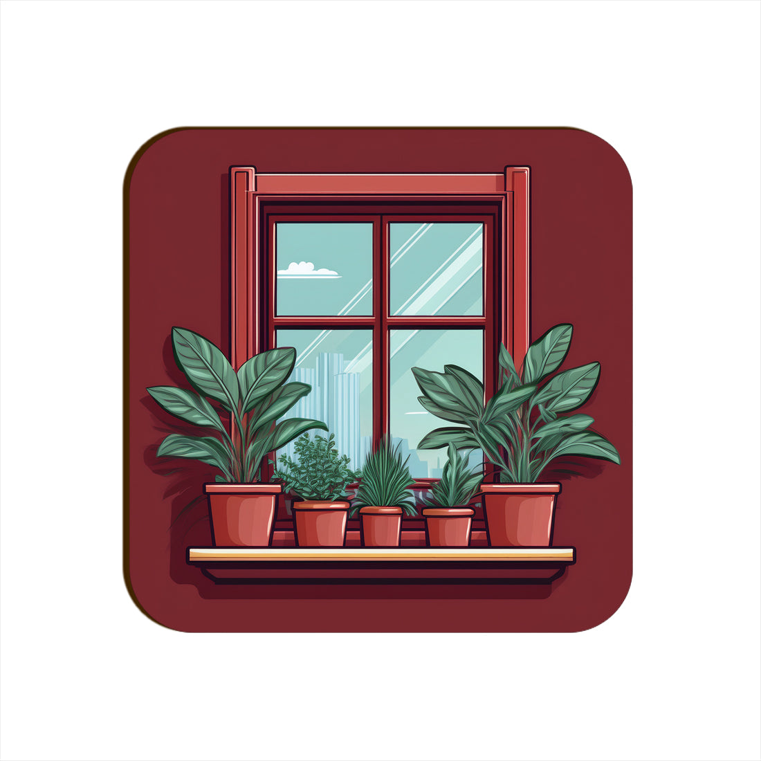 Maroon Window Plants Pots Square Coaster