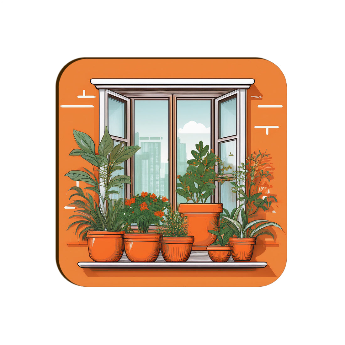 Orange Window Plants Pots Square Coaster