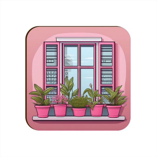 Pink Window Plants Pots Square Coaster