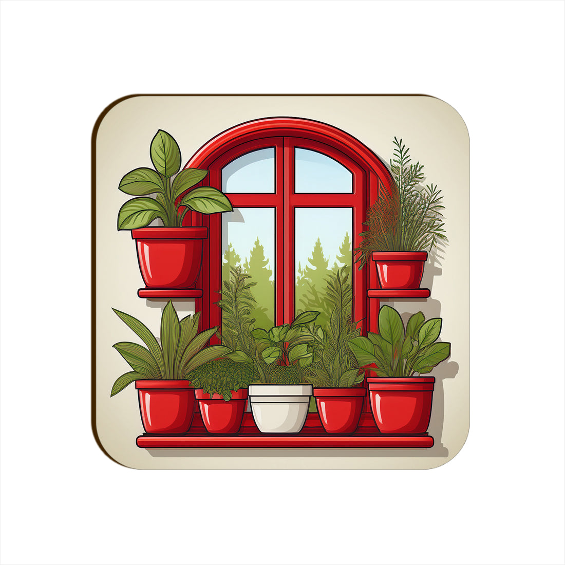 Red Window Plants Pots Square Coaster