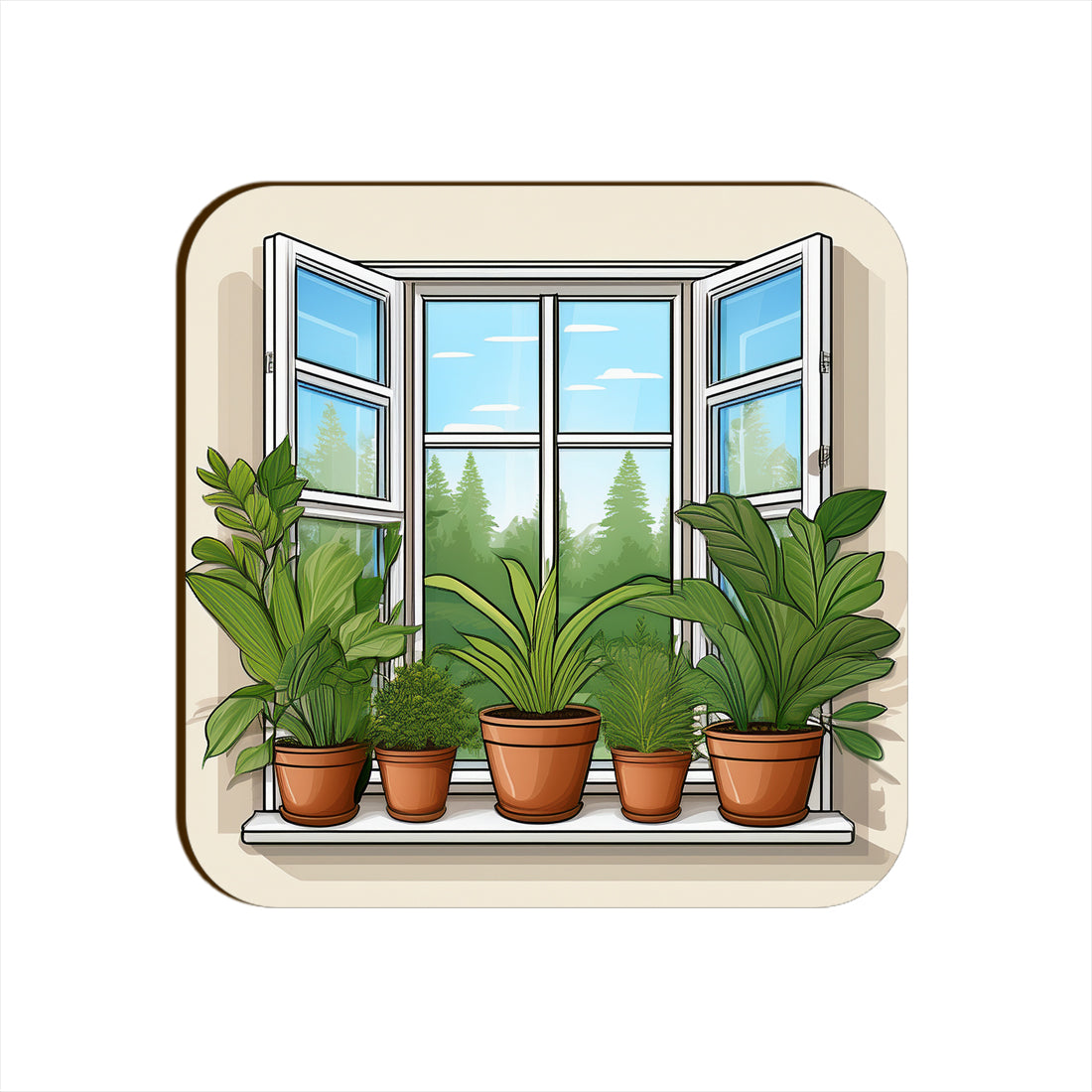 White Window Plants Pots Square Coaster